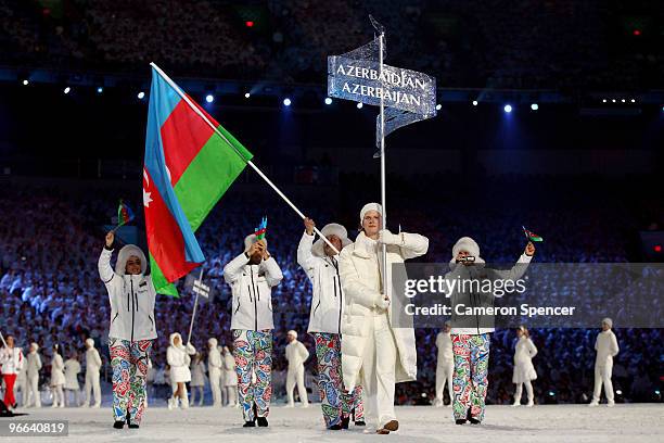 Athletes from Azerbaijan enter the stadium during the Opening Ceremony of the 2010 Vancouver Winter Olympics at BC Place on February 12, 2010 in...