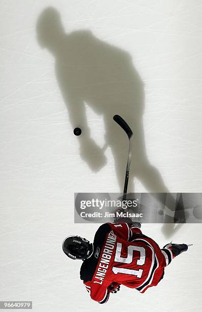 Jamie Langenbrunner of the New Jersey Devils warms up before playing against the Nashville Predators at the Prudential Center on February 12, 2010 in...