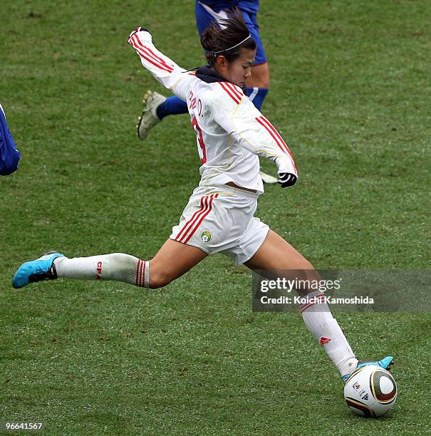 Duan Han of China kicks the ball during the East Asian Football Federation Women's Championship 2010 match between Chinese Taipei and China at...