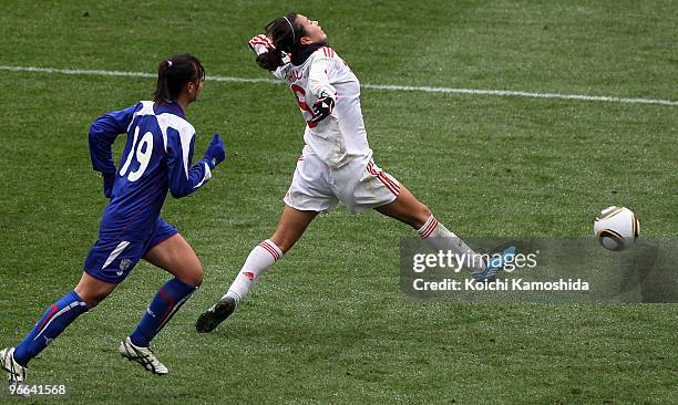 Duan Han of China kicks the ball during the East Asian Football Federation Women's Championship 2010 match between Chinese Taipei and China at...