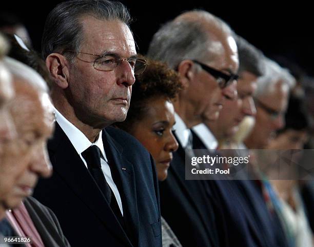 President Jacques Rogge and Governor General of Canada Michaelle Jean observe a moment of silence for the Geogian athlete during the Opening Ceremony...