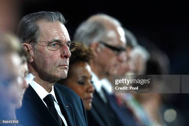 President Jacques Rogge and Governor General of Canada Michaelle Jean observe a moment of silence for the Geogian athlete during the Opening Ceremony...