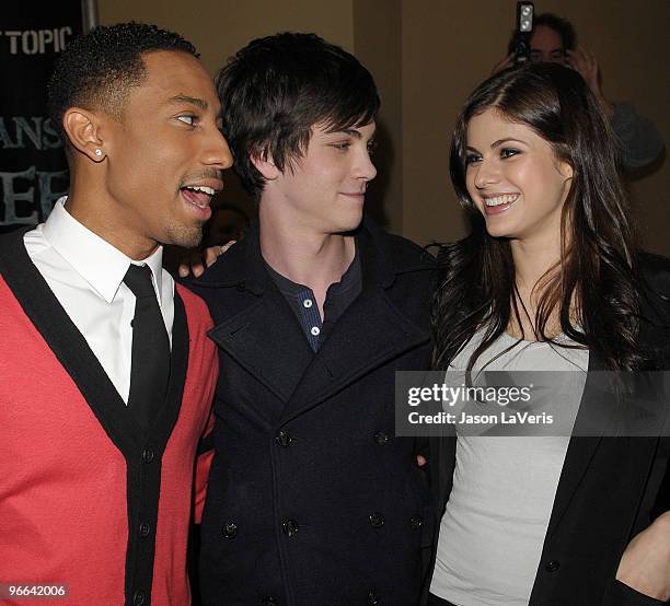 Actors Brandon T. Jackson, Logan Lerman and Alexandra Daddario attend the "Percy Jackson & The Olympians: The Lightning Thief!" cast appearance at...