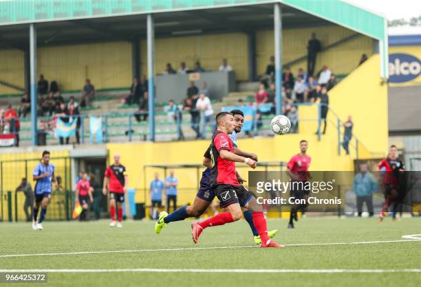 Szilard Magyari of Szekely Land and Vaiuli Nukualofa of Tuvalu compete during the CONIFA World Football Cup 2018 match between Szekely Land and...
