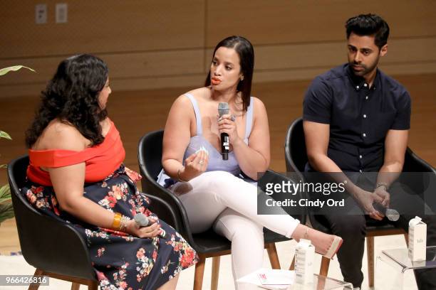 Samhita Mukhopadhyay, Dascha Polanco, and Hasan Minhaj speak onstage during Teen Vogue Summit 2018: #TurnUp - Day 2 at The New School on June 2, 2018...
