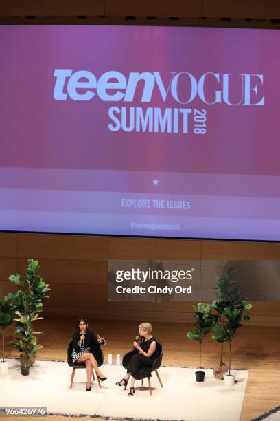 Deja Foxx and Former Planned Parenthood President Cecile Richards speak onstage during Teen Vogue Summit 2018: #TurnUp - Day 2 at The New School on...