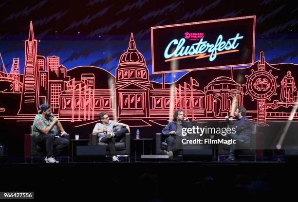 Jon Gabrus, Jorma Taccone, Kyle Mooney and Derek Waters perform during 'Drunk History & Friends' on the Bill Graham Stage during Clusterfest at Civic...