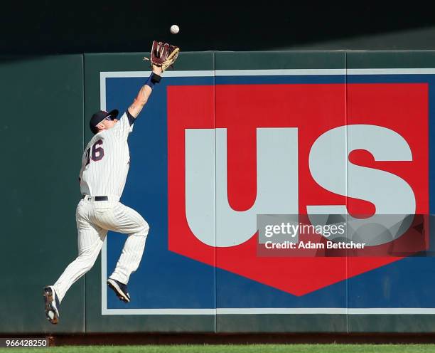 Max Kepler of the Minnesota Twins catches a fly ball hit by Greg Allen of the Cleveland Indians in the sixth inning at Target Field on June 2, 2018...