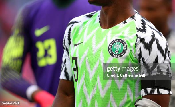 Detail of the Nigeria badge and shirt during the International Friendly match between England and Nigeria at Wembley Stadium on June 2, 2018 in...