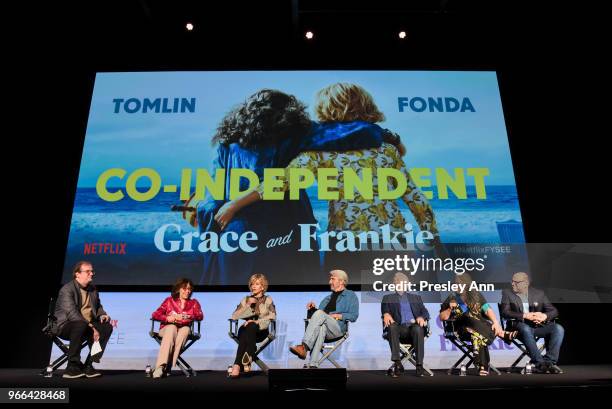 Lily Tomlin, Jane Fonda, Sam Waterson, Martin Sheen, Marta Kauffman and Howard J. Morris attend #NETFLIXFYSEE Event For "Grace And Frankie" at...