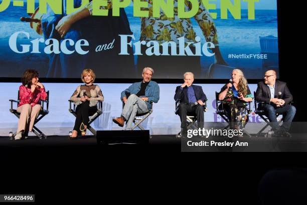 Lily Tomlin, Jane Fonda, Sam Waterson, Martin Sheen, Marta Kauffman and Howard J. Morris attend #NETFLIXFYSEE Event For "Grace And Frankie" at...