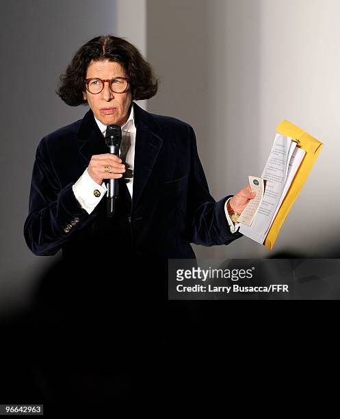 Fran Lebowitz speaks at the runway at Naomi Campbell's Fashion For Relief Haiti NYC 2010 Fashion Show during Mercedes-Benz Fashion Week at The Tent...