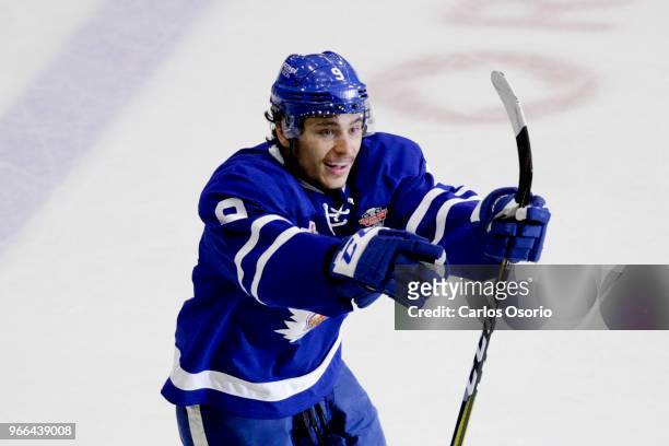 Trevor Moore of the Marlies celebrates his goal during the 3rd period of the Calder Cup Finals game 1 as the Toronto Marlies host the Texas Stars at...