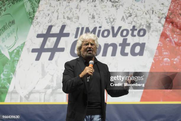 Beppe Grillo, comedian-turned-politician and founder of the Five Star Movement, speaks during the party's political rally at the Piazza Bocca della...