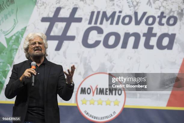 Beppe Grillo, comedian-turned-politician and founder of the Five Star Movement, speaks during the party's political rally at the Piazza Bocca della...