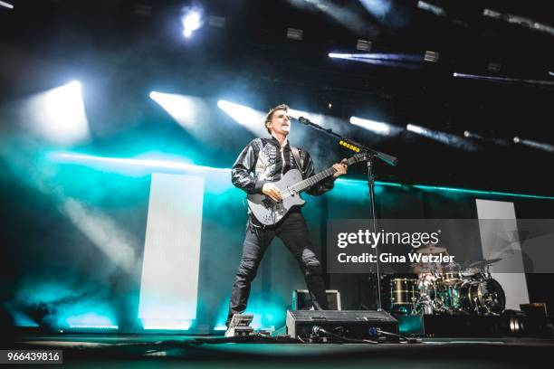English singer Matthew Bellamy of Muse performs live on stage during Rock am Ring at Nuerburgring on JUNE 2, 2018 in Nuerburg, Germany.