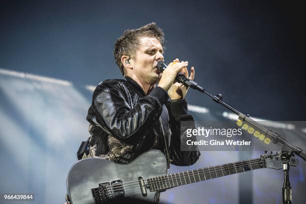 English singer Matthew Bellamy of Muse performs live on stage during Rock am Ring at Nuerburgring on JUNE 2, 2018 in Nuerburg, Germany.