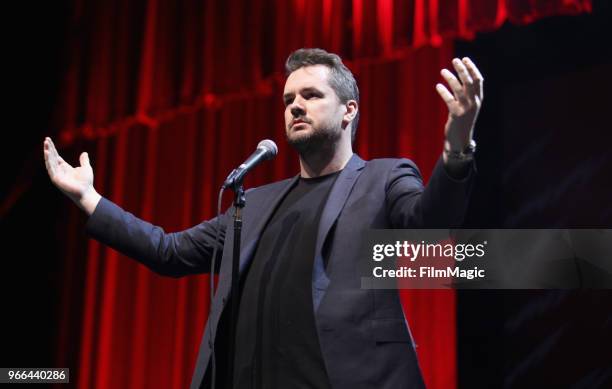 Jim Jefferies performs on the Bill Graham Stage during Clusterfest at Civic Center Plaza and The Bill Graham Civic Auditorium on June 2, 2018 in San...