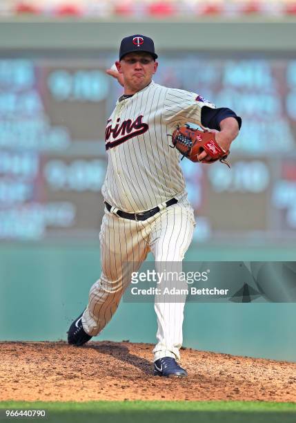 Tyler Duffey of the Minnesota Twins pitches in the ninth inning against the Cleveland Indians at Target Field on June 2, 2018 in Minneapolis,...