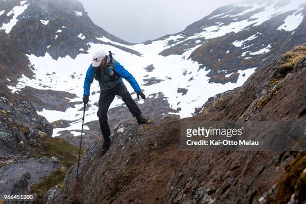 Jard Bringedal is decending from one of the many mountains at The Arctic Triple - Lofoten Ultra-Trail on June 2, 2018 in Svolvar, Norway. Lofoten...