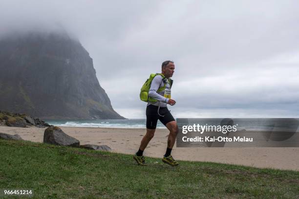 Magne Johnsen at Kvalvika beach at The Arctic Triple - Lofoten Ultra-Trail on June 2, 2018 in Svolvar, Norway. Lofoten Ultra-Trail is one of three...