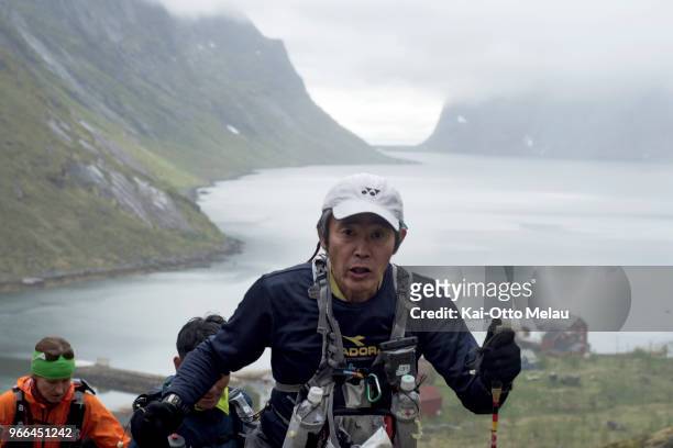 Koji Dan from Japan on the way up from the start at Kirkefjorden at The Arctic Triple - Lofoten Ultra-Trail on June 2, 2018 in Svolvar, Norway....