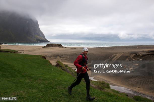 Gilles Samuel from Switzerland at Kvalvika beach at The Arctic Triple - Lofoten Ultra-Trail on June 2, 2018 in Svolvar, Norway. Lofoten Ultra-Trail...