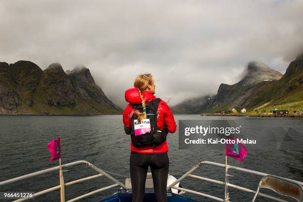 Karina Lie enjoys the scenery on the way to the start in Kirkefjorden at The Arctic Triple - Lofoten Ultra-Trail on June 2, 2018 in Svolvar, Norway....