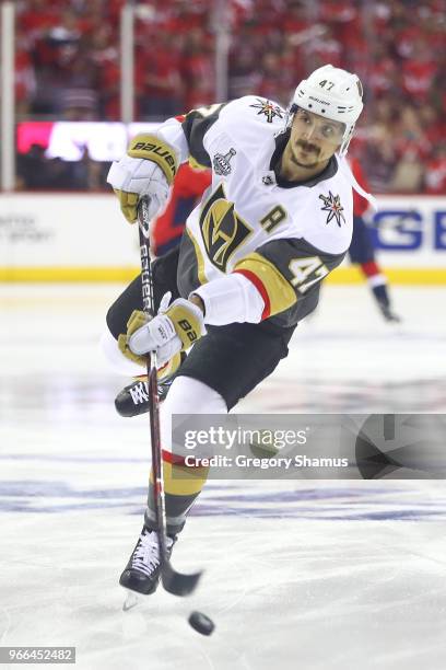 Luca Sbisa of the Vegas Golden Knights warms up prior to Game Three of the 2018 NHL Stanley Cup Final against the Washington Capitals at Capital One...