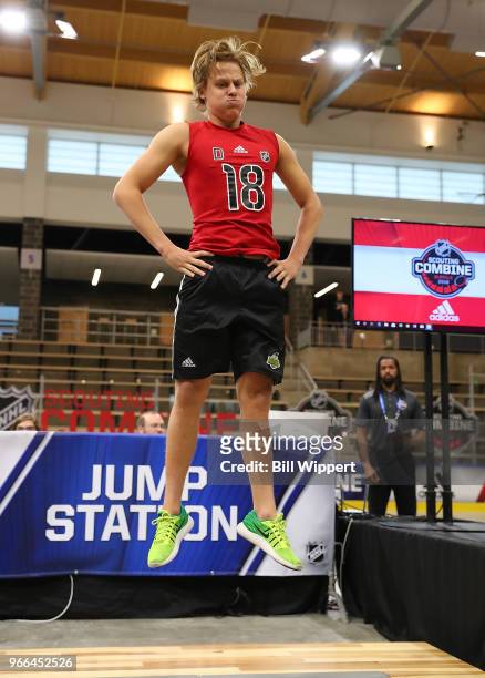 Adam Boqvist performs at the jump station during the NHL Scouting Combine on June 2, 2018 at HarborCenter in Buffalo, New York.