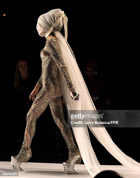 Model Daphne Guinness walks the runway at Naomi Campbell's Fashion For Relief Haiti NYC 2010 Fashion Show during Mercedes-Benz Fashion Week at The...