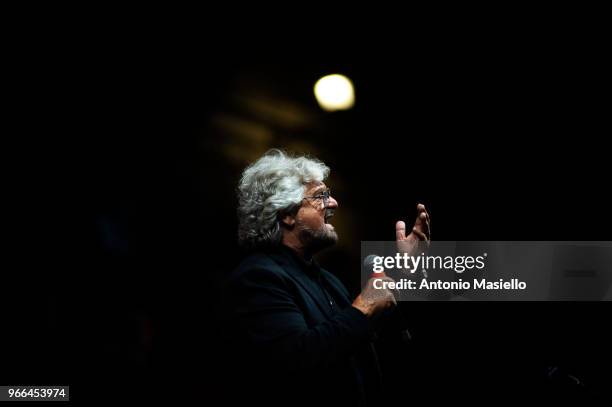 Beppe Grillo, Leader of 5-Star Movement speaks during the national demonstration organized to celebrate the new government formation on June 2, 2018...