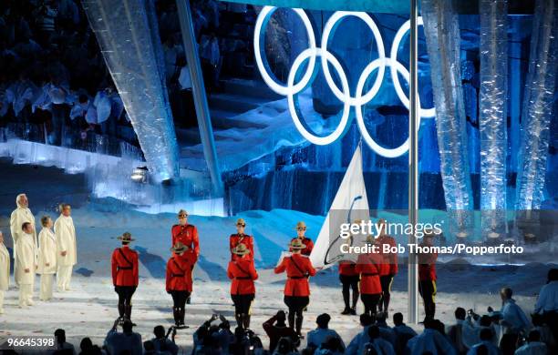 The Olympic Flag is raised during the Opening Ceremony of the 2010 Vancouver Winter Olympics at BC Place on February 12, 2010 in Vancouver, Canada.