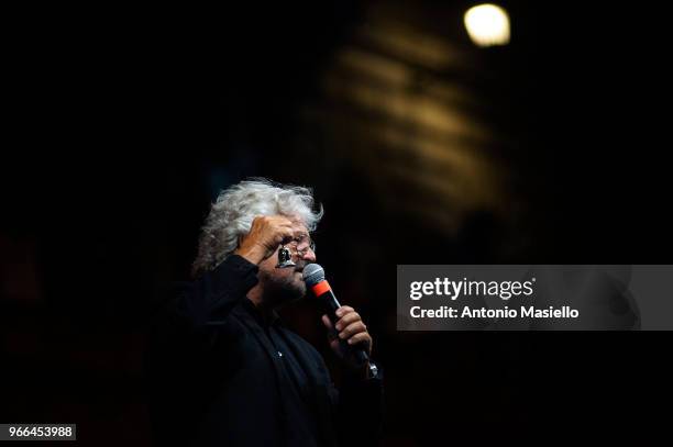 Beppe Grillo, Leader of 5-Star Movement rings a bell during the national demonstration organized to celebrate the new government formation on June 2,...