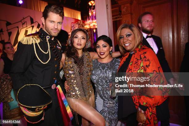Jaymes Vaughan, Jeannie Mai, guest and Patti LaBelle pose during the Life Ball 2018 after show party at City Hall on June 2, 2018 in Vienna, Austria....