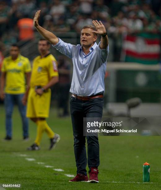 Sao Paulo team coach Diego Aguirre gestures during a match between Palmeiras and Sao Paulo for the Brasileirao Series A 2018 at Allianz Parque...
