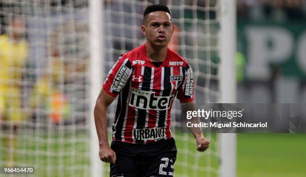 Marcos Guilherme of Sao Paulo celebrates his goal during a match between Palmeiras and Sao Paulo for the Brasileirao Series A 2018 at Allianz Parque...