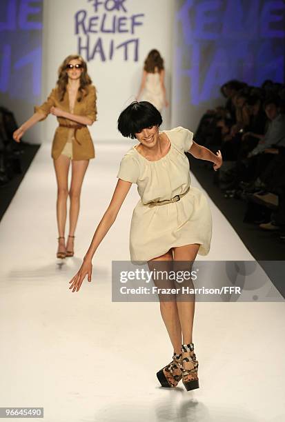 Model Agyness Deyn stumbles while walking the runway at Naomi Campbell's Fashion For Relief Haiti NYC 2010 Fashion Show during Mercedes-Benz Fashion...