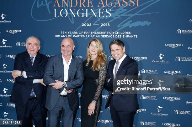 President of Longines Walter von Kanel, Andre Agassi, Steffie Graf and Vice-President of Longines Juan-Carlos Capelli attend Longines Steffie Graf...