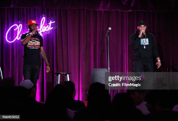 Hosts Desus Nice and The Kid Mero perform onstage during 'The Cluster' in the Room 415 Comedy Club during Clusterfest at Civic Center Plaza and The...