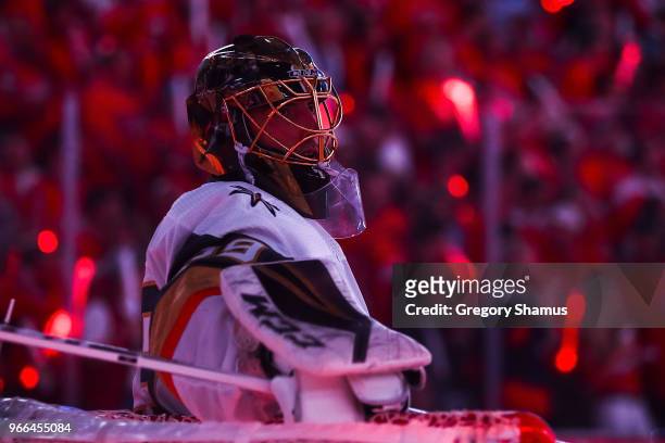 Marc-Andre Fleury of the Vegas Golden Knights looks on against the Washington Capitals in Game Three of the 2018 NHL Stanley Cup Final at Capital One...