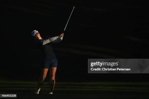Jodi Ewart Shadoff of England plays her second shot on the 18th hole during the third round of the 2018 U.S. Women's Open at Shoal Creek on June 2,...