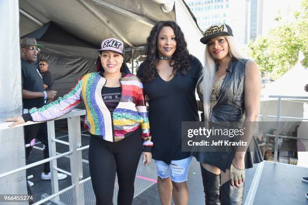 Salt, DJ Spinderella and Pepa of Salt-n-Pepa perform on the Colossal Stage during Clusterfest at Civic Center Plaza and The Bill Graham Civic...