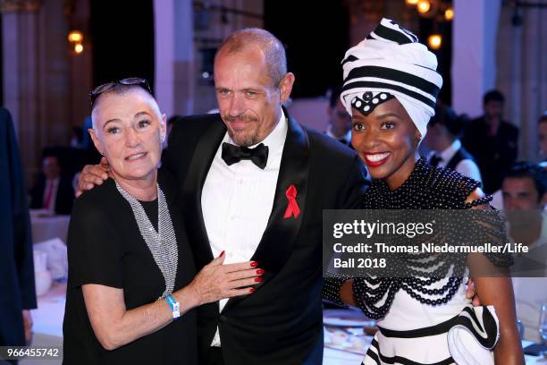 Jazz Gitti, Gery Keszler and Sibulele Sibaca attend the LIFE+ Solidarity Gala prior to the Life Ball at City Hall on June 2, 2018 in Vienna, Austria....