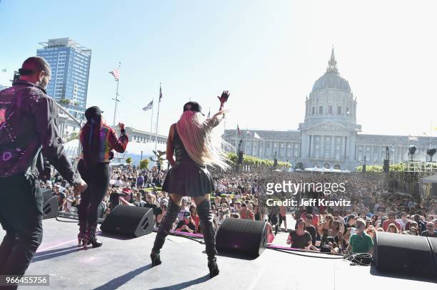 Salt and Pepa of Salt-n-Pepa perform on the Colossal Stage during Clusterfest at Civic Center Plaza and The Bill Graham Civic Auditorium on June 2,...