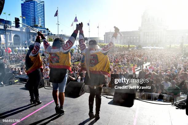 Salt, DJ Spinderella and Pepa of Salt-n-Pepa perform on the Colossal Stage during Clusterfest at Civic Center Plaza and The Bill Graham Civic...