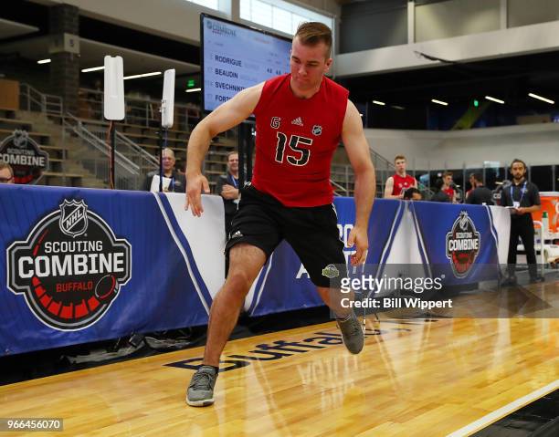 Alexis Gravel performs the pro agility test during the NHL Scouting Combine on June 2, 2018 at HarborCenter in Buffalo, New York.