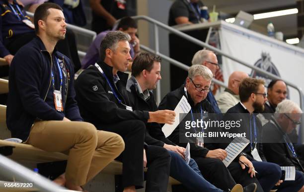 San Jose Sharks personnel watch during the NHL Scouting Combine on June 2, 2018 at HarborCenter in Buffalo, New York.
