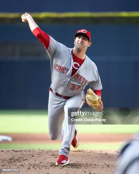 Matt Harvey of the Cincinnati Reds pitches during the first inning of a baseball game against the San Diego Padres at PETCO Park on June 2, 2018 in...