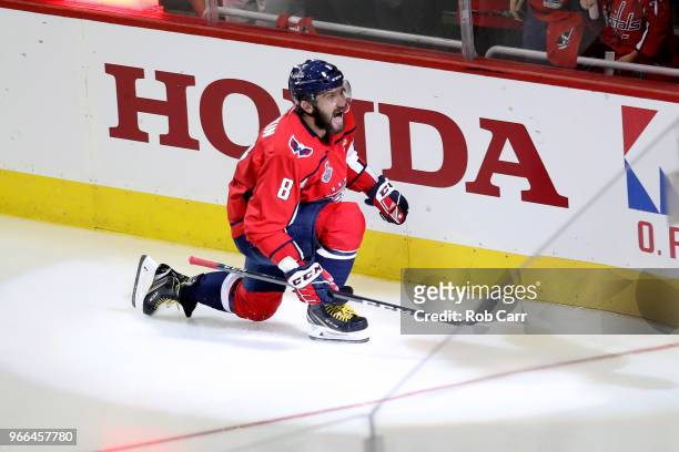 Alex Ovechkin of the Washington Capitals celebrates after scoring a goal on Marc-Andre Fleury of the Vegas Golden Knights during the second period in...